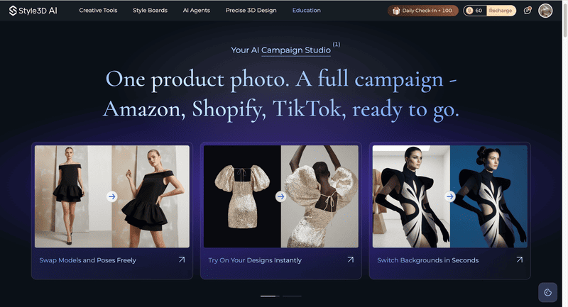 Style3D.ai homepage showcasing on-model image generation