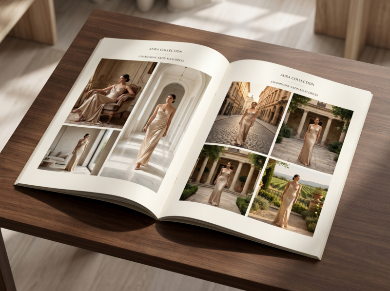 Traditional fashion lookbook production with printed editorial spreads showcasing model photography, styling concepts, and campaign imagery.