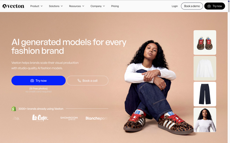 Veeton AI fashion photoshoot tool for outfit styling with adjustable lighting, camera angles, and background control