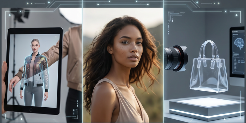 AI fashion and product photography tools comparison collage showing virtual try-on, AI model generation, and ecommerce product imagery workflows in 2026