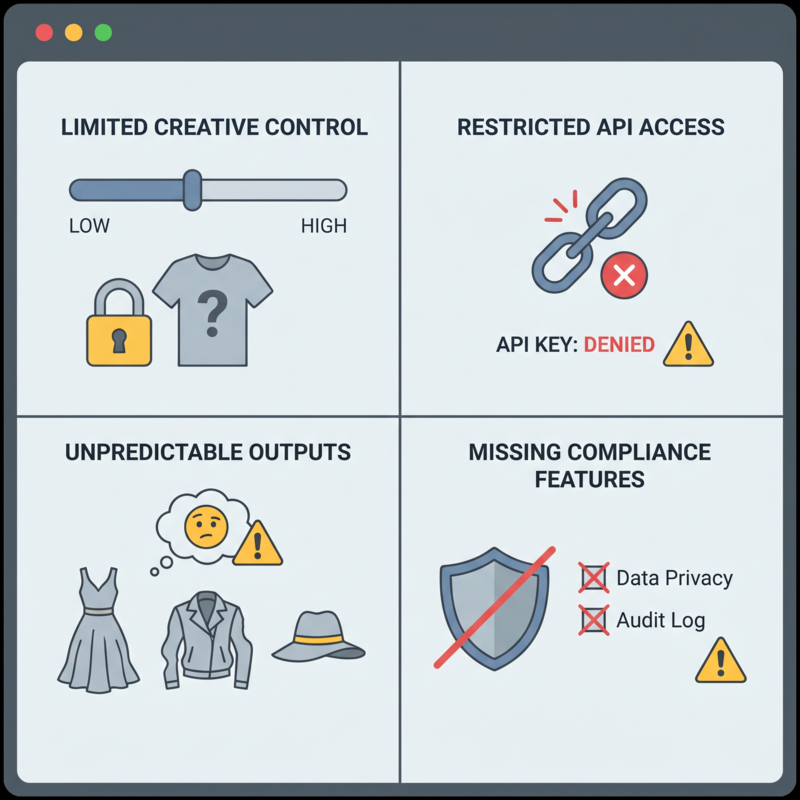 Split screen showing limitations of general AI fashion tools including limited creative control, API restrictions, and lack of compliance features