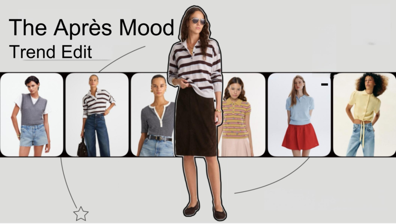 Overview of the Après Style trend featuring knit vests, polo shirts and sporty skirts