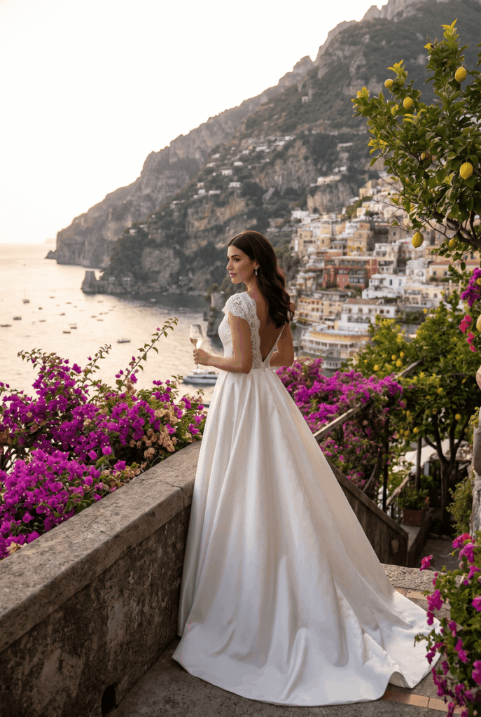 A-line wedding dress try on.