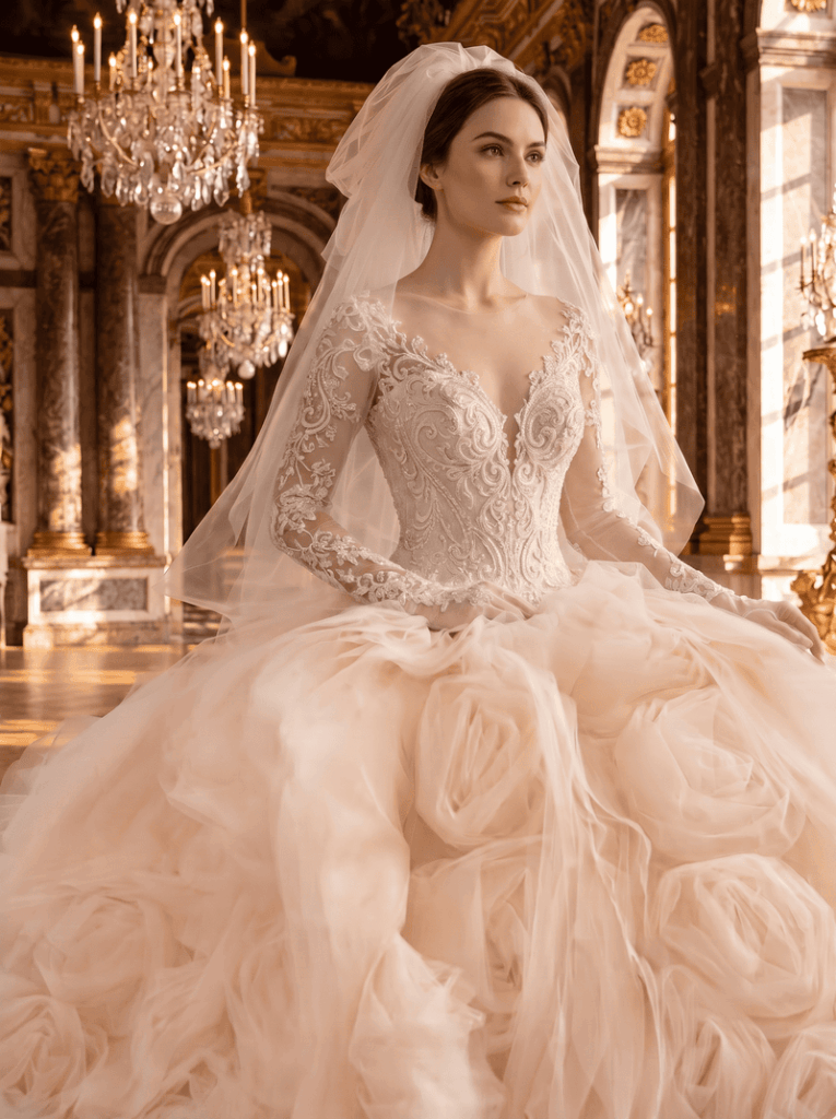 Ball gown wedding dress try on.