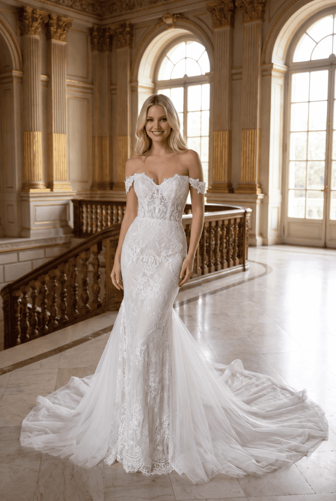 Mermaid wedding dress try on.