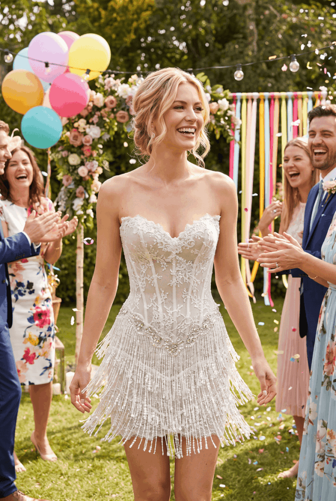 Mini wedding dress try on.
