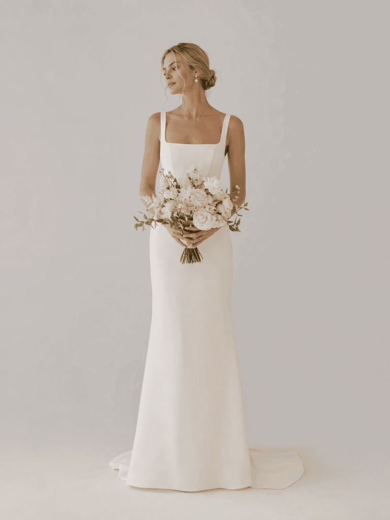 Sheath wedding dress try on.