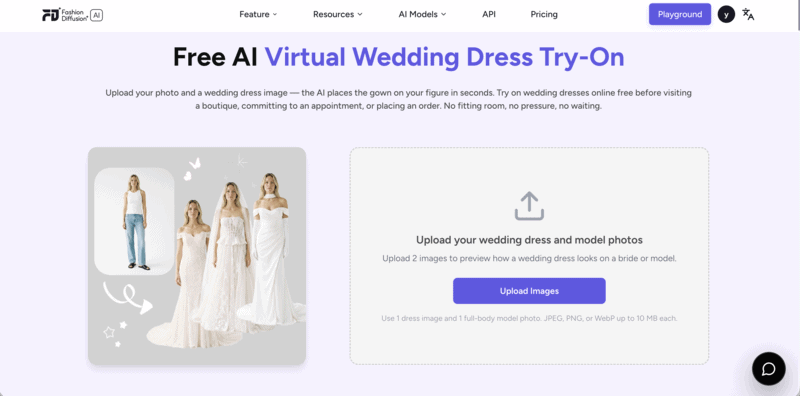 Fashion Diffusion's free AI virtual wedding dress try-on interface.