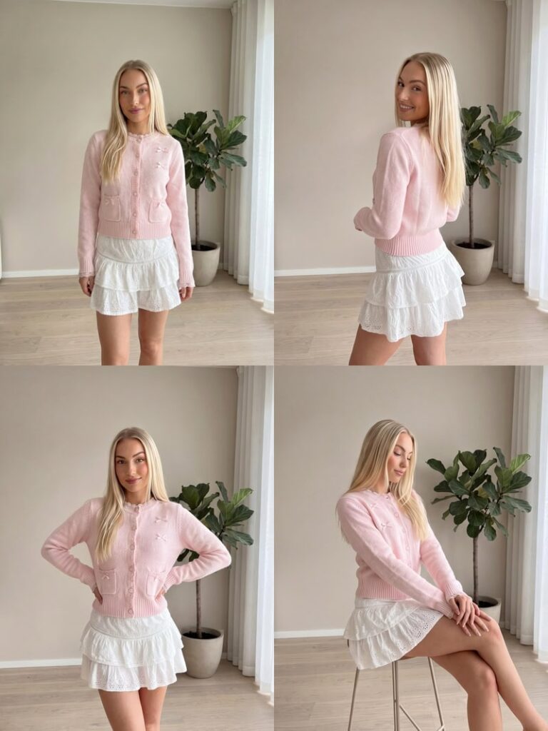 Model with different poses generated by Fashion Diffusion's AI Lookbook tool.