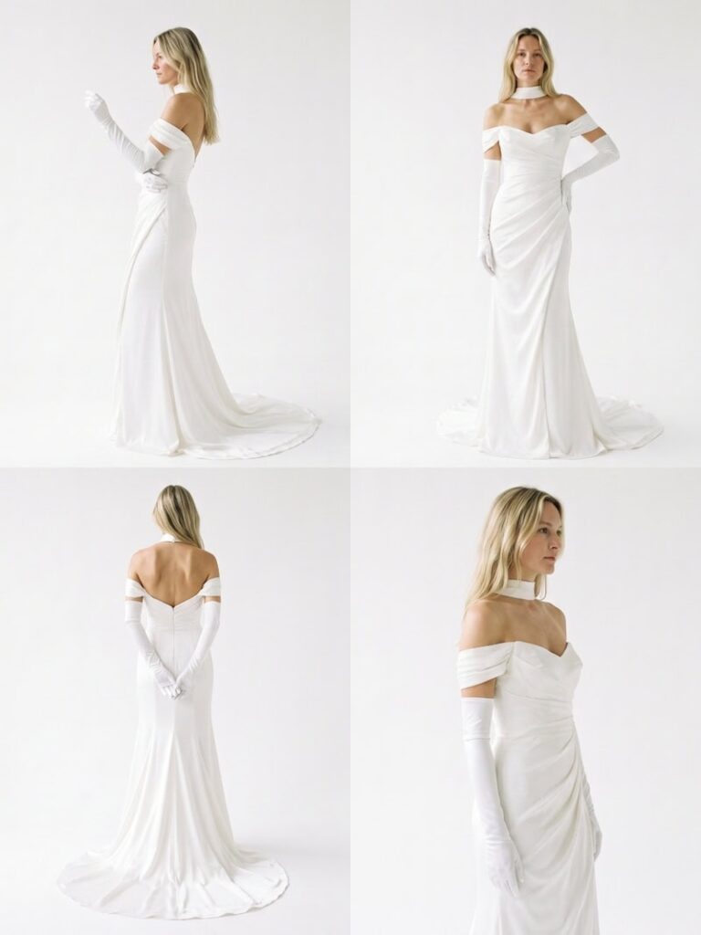 Different angles of the model wearing wedding dress.