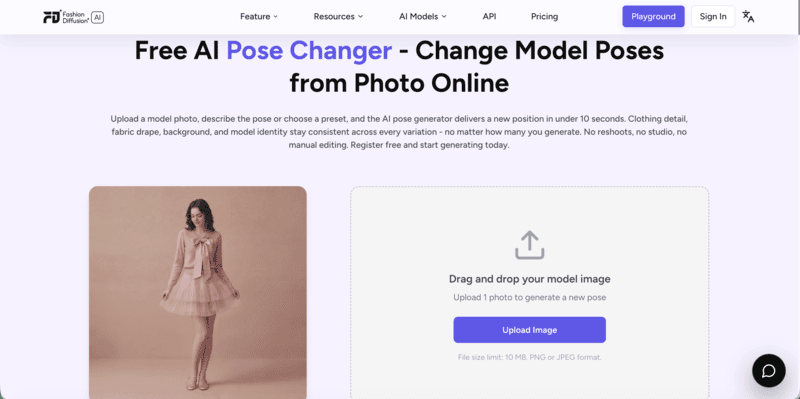 Fashion Diffusion's free AI pose changer page.