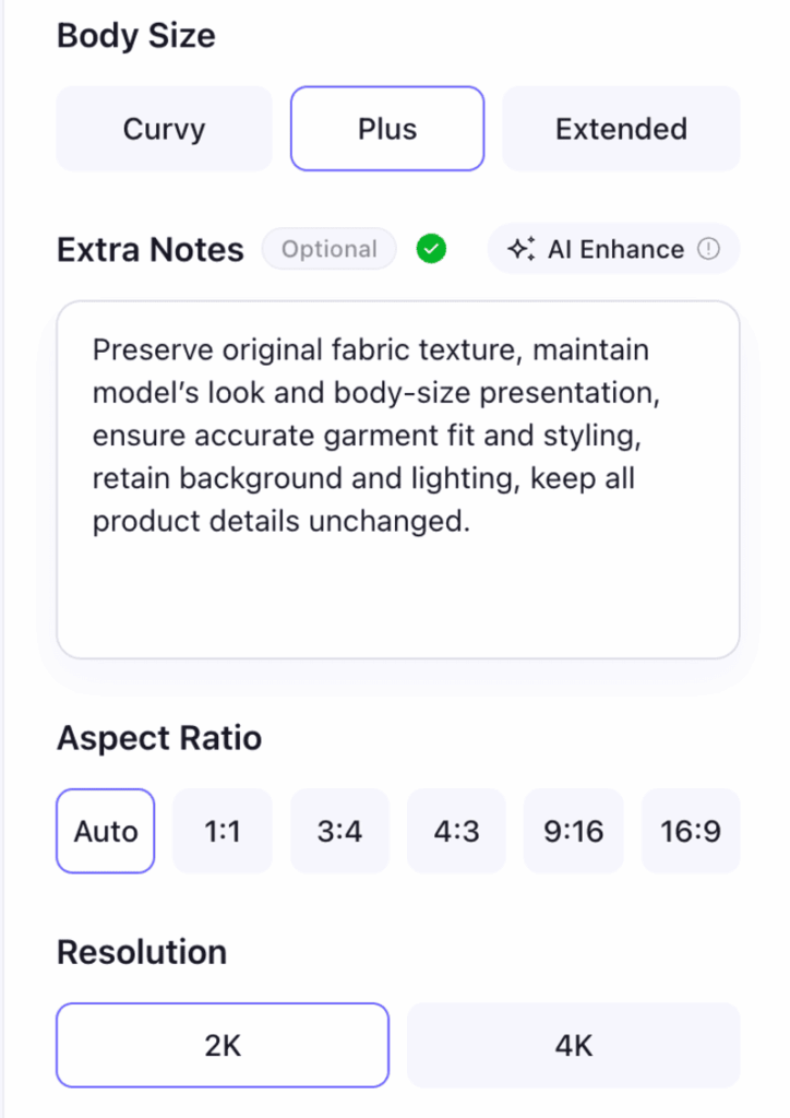 Choose body size, aspect ratio, and add your extra notes if needed.