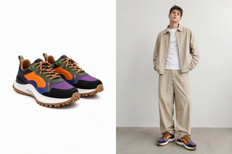 Colorblock sneakers try-on result.