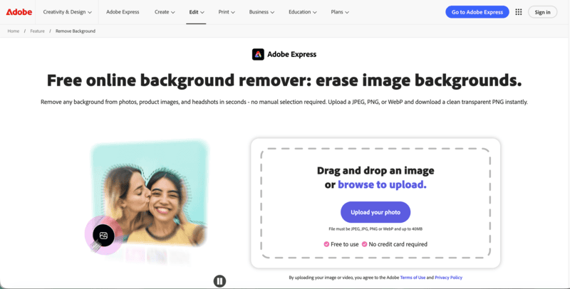 Adobe Express's background remover interface.