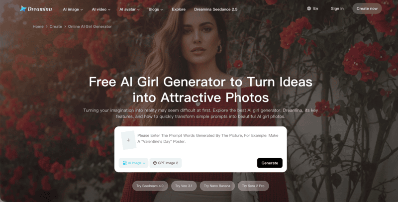 Dreamina's free AI girl generator interface.