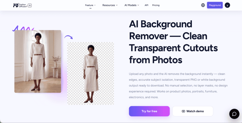 Fashion Diffusion's background remover interface.