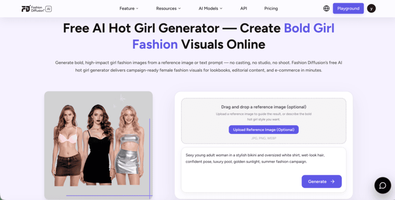 Fashion Diffusion' free AI hot girl generator interface.