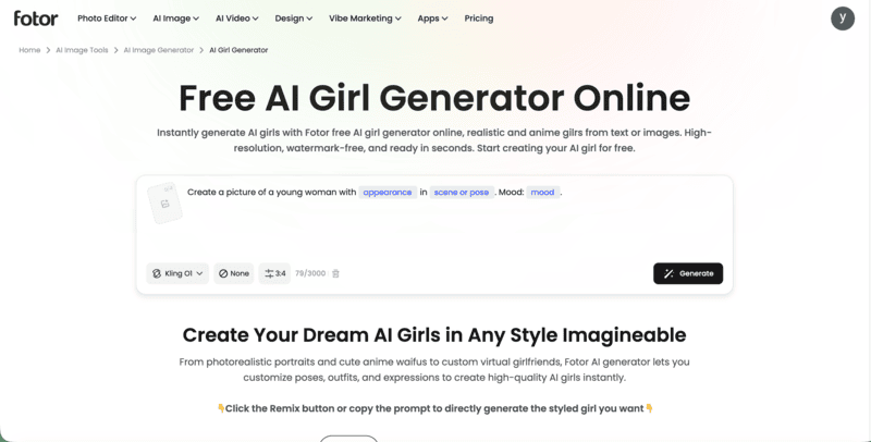 Fotor's free AI girl generator online interface.