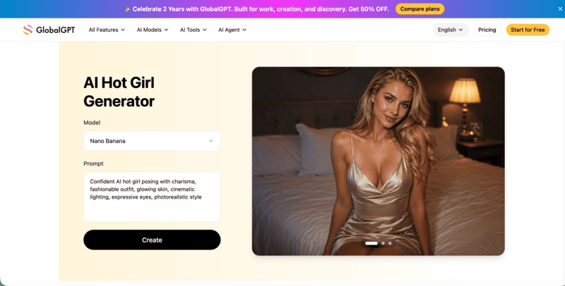 GlobalGPT's AI hot girl generator interface.