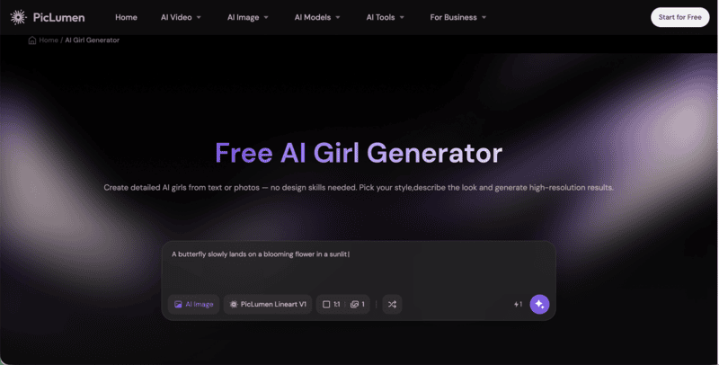 PicLumen's free AI girl generator interface.