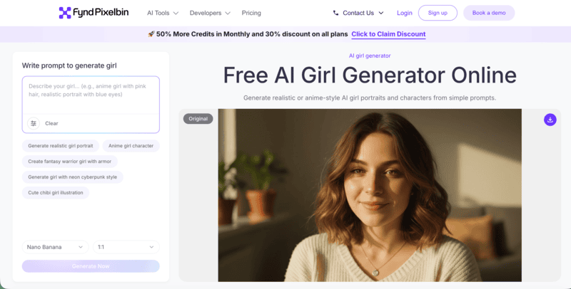 Pixelbin's free AI girl generator online interface.