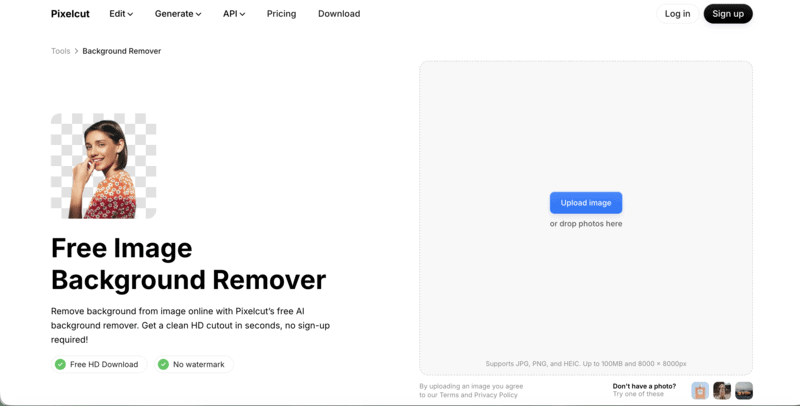 Pixelcut's background remover interface.