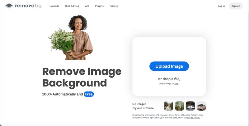 Remove.bg's background remover interface.
