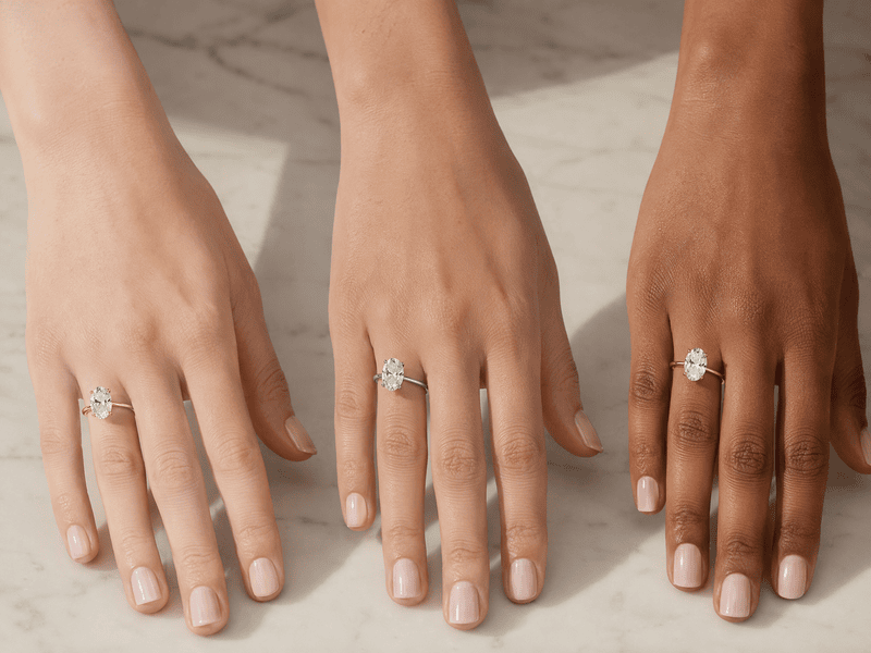 Different skin tones complement different ring materials and colors.