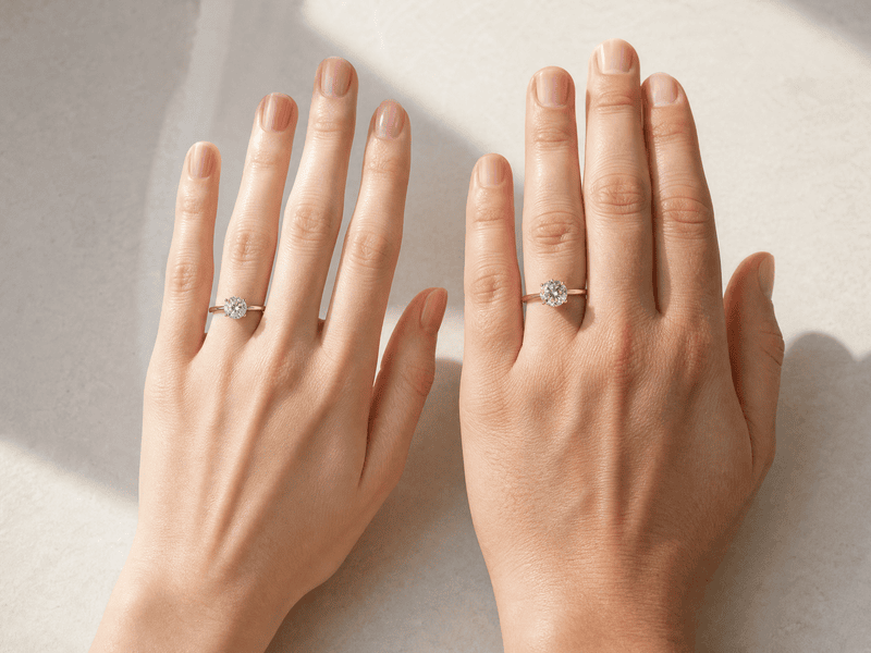 Two hands of different sizes wearing the same ring showcase different proportional effects.