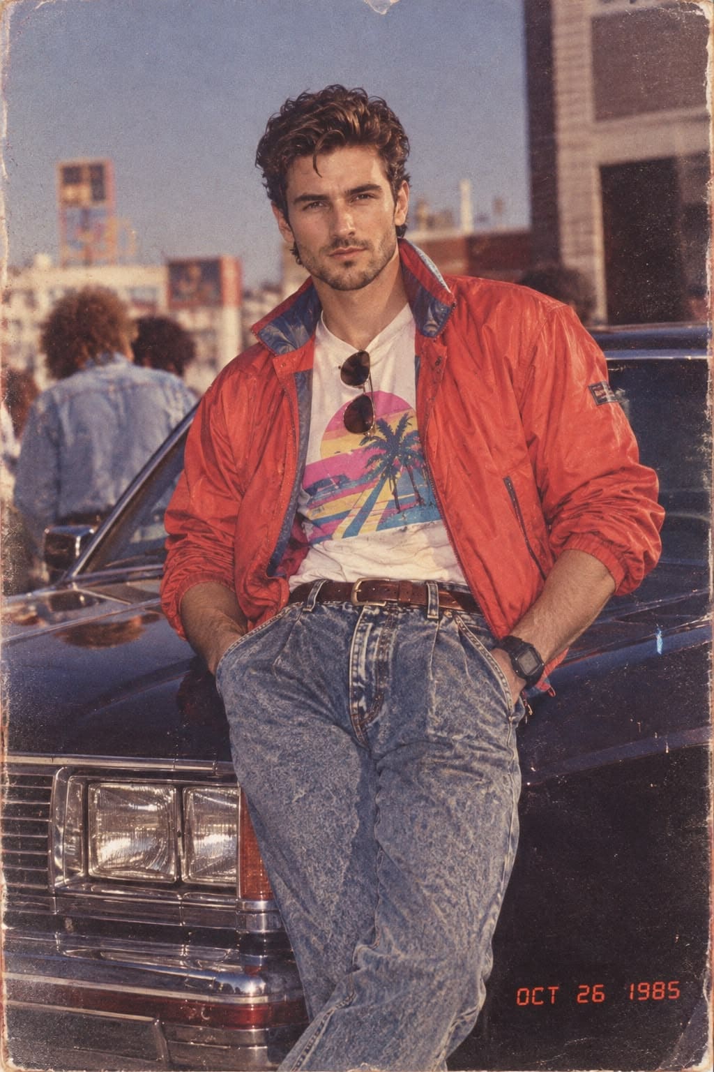 Fashion Diffusion AI generated 1980s vintage portrait of a handsome white man in a red leather jacket leaning against a black car