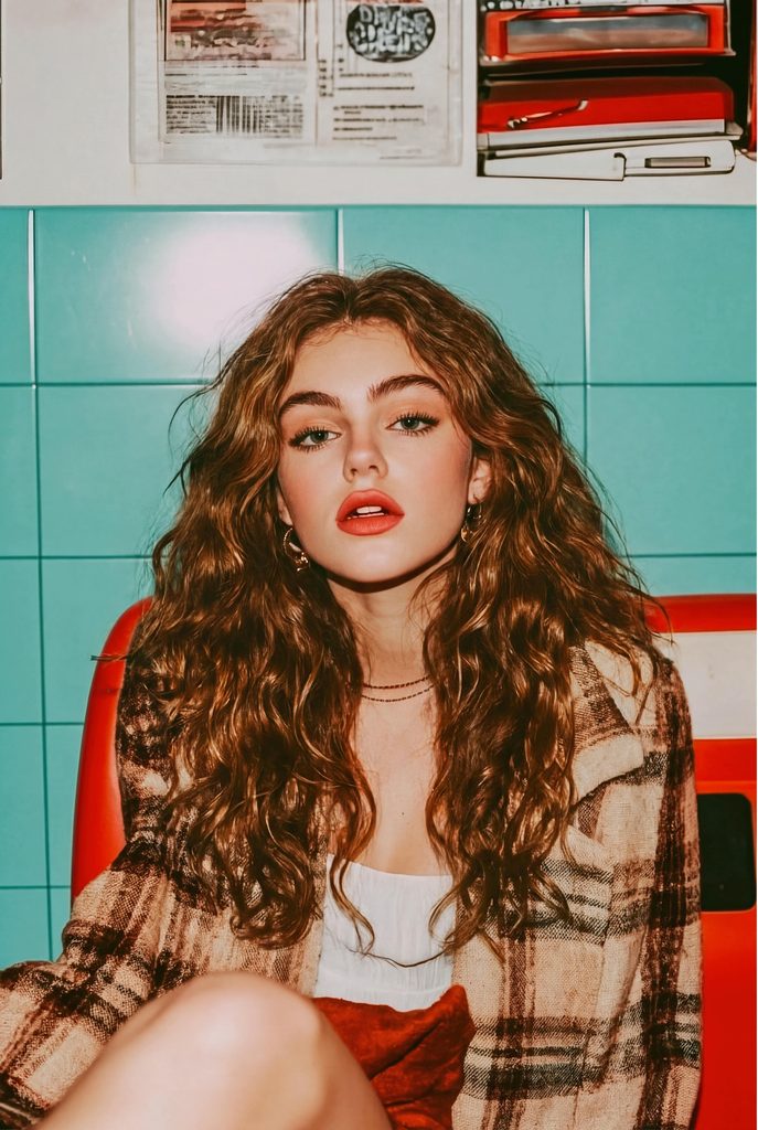 1980s editorial portrait of a woman against a blue tiled wall, generated by Fashion Diffusion.