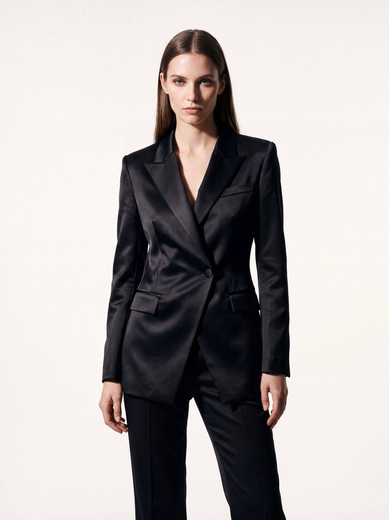 A female model wearing a tailored black suit, generated by Fashion Diffusion.