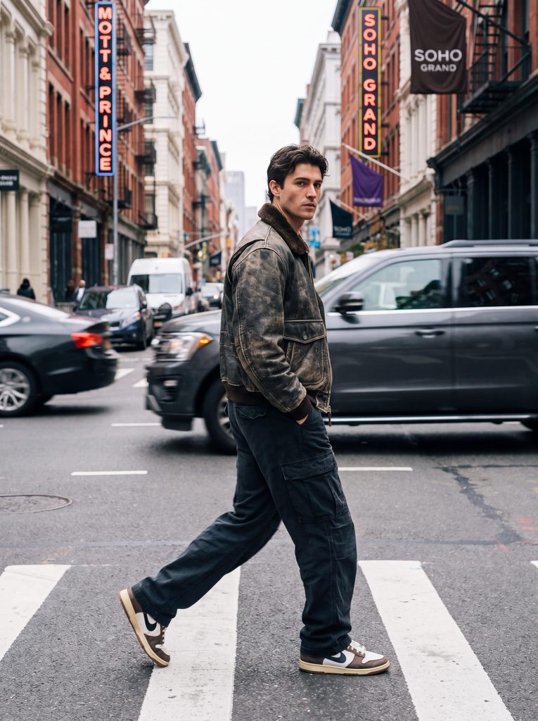 A man wearing a stylish brown jacket walking down the middle of a street, generated by Fashion Diffusion.