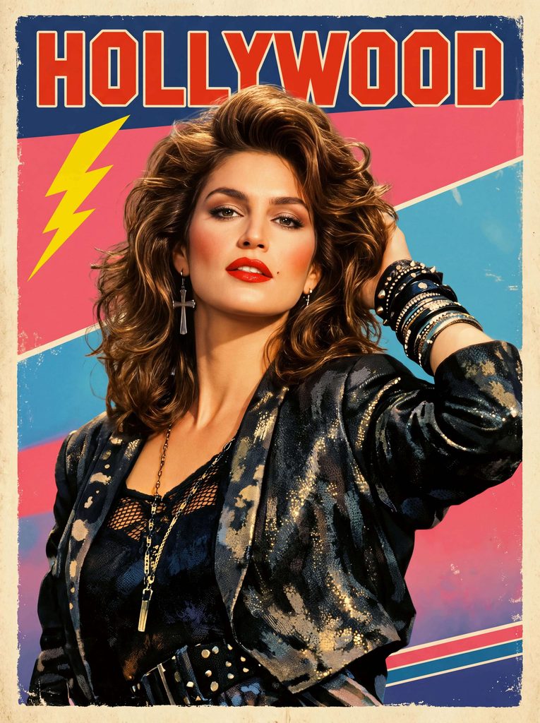 Fashion Diffusion AI generated 1980s vintage Hollywood poster featuring a blonde woman in a black leather jacket