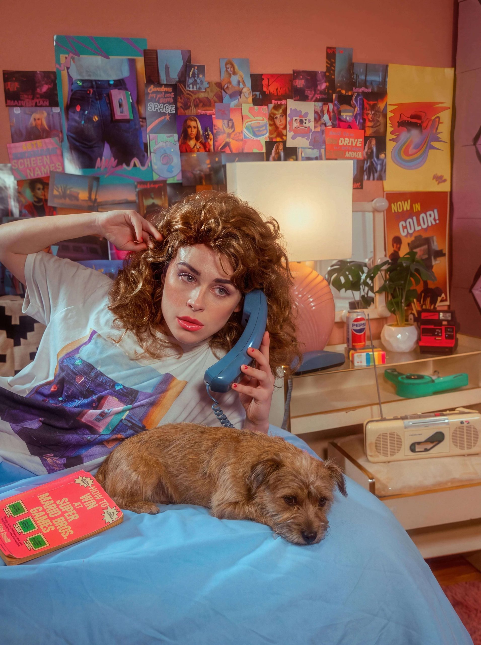 Fashion Diffusion AI generated 1980s vintage scene of a relaxed high school girl lying on a bed in an American-style bedroom