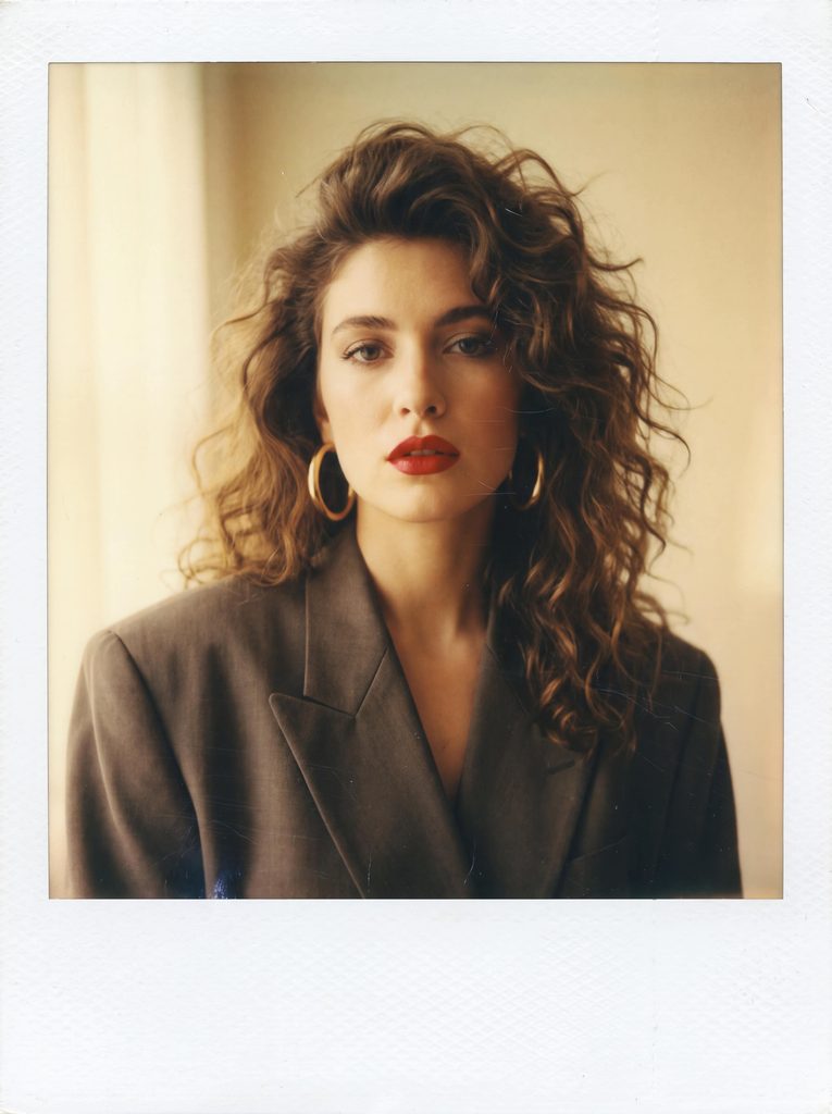 1980s Polaroid portrait of a stylish woman in an oversized blazer, generated by Fashion Diffusion.