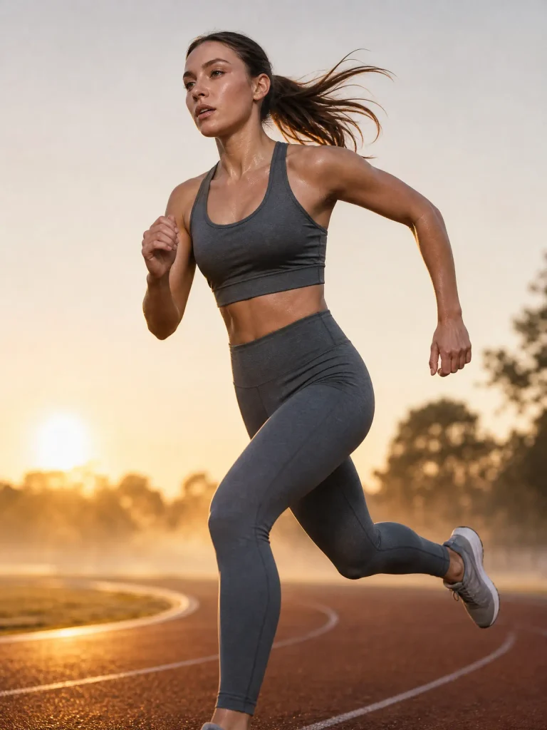 A woman running while wearing a grey sports tank top and yoga pants, generated by Fashion Diffusion.