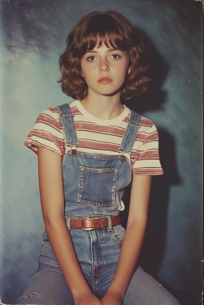 Studio portrait of a young girl in denim overalls on a chair, generated by Fashion Diffusion.