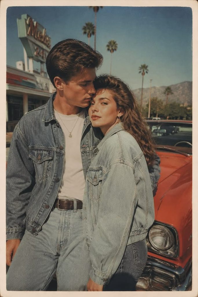 1980s vintage photo of a couple in denim near a red car, generated by Fashion Diffusion.