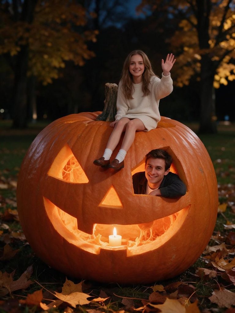 Tiny Couple Inside a Jack-o'-Lantern