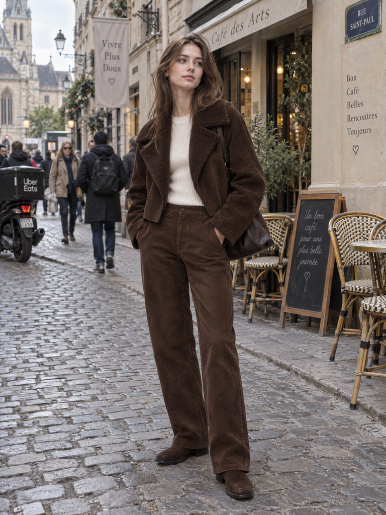 Swap the whole outfit for a chocolate-brown suede look using editing prompt 1.