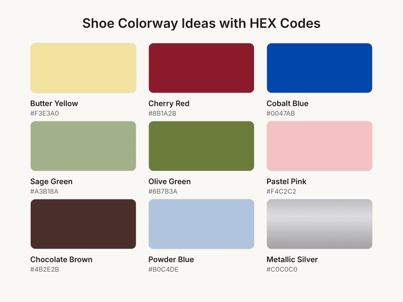 Popular shoe colorway ideas with HEX codes